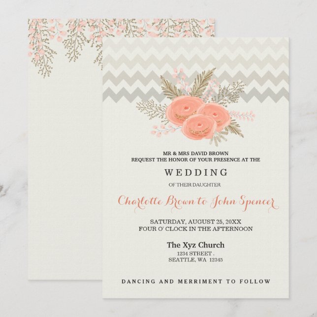 Convite casamento floral com cor d'água de ouro (Frente/Verso)