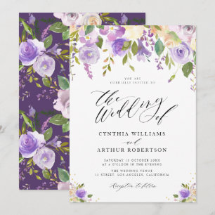 Convite casamento floral com cor de água púrpura e pêssego