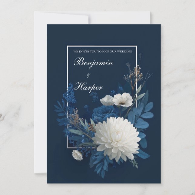 Convite Casamento Floral com Crisântemo Branco Azul-Marinh (Frente)