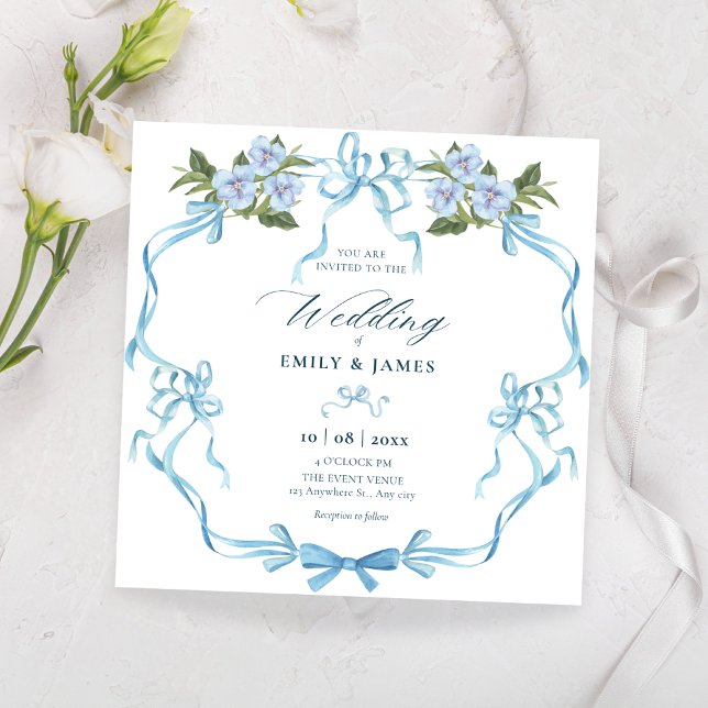 Convite Casamento floral com fita arco azul (Criador carregado)