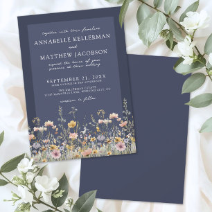 Convite Casamento Floral com Flor Silvestre Azul Marinho
