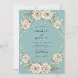 Convite Casamento Floral com Florescimento de Creme Azul
