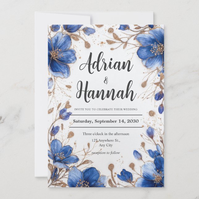 Convite Casamento Floral com Glitter Dourado em Aquarela A (Frente)