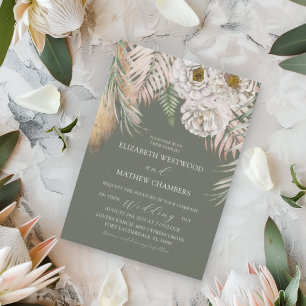 Convite Casamento Floral & com Grama da Pampas Verde Tropi