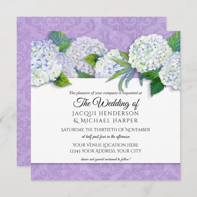 Convite Casamento Floral com Hydrangea Hydrangea Roxo Quad (Frente/Verso)