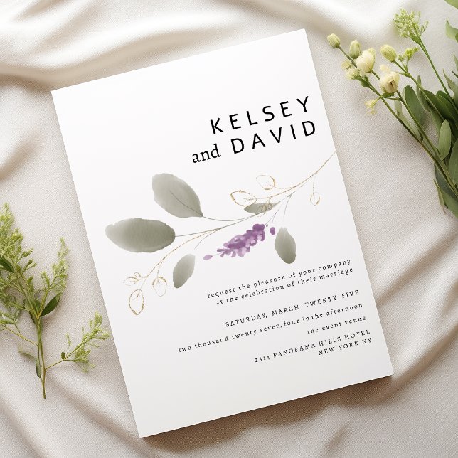 Convite Casamento floral com lavanda de hortelã dourada (Lavender mint gold watercolor floral wedding)