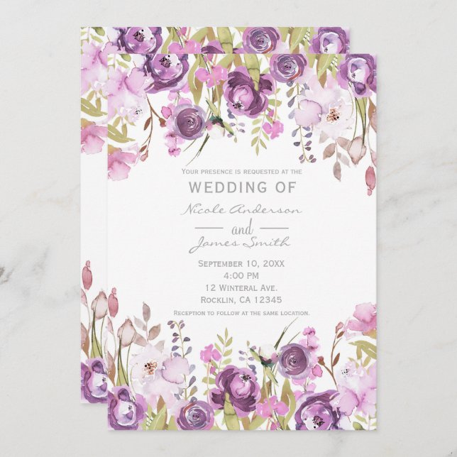 Convite Casamento Floral com Lavanda Lilac-Watercolor (Frente/Verso)