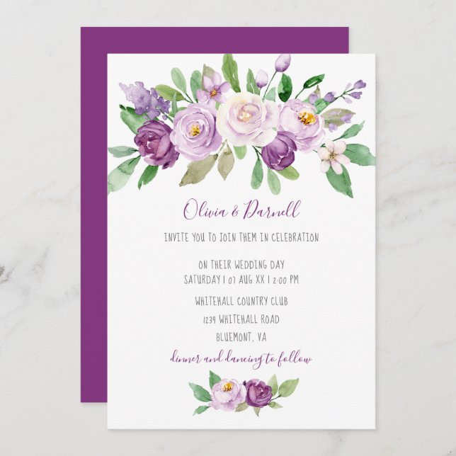 Convite Casamento Floral com Lavanda Roxa (Frente/Verso)