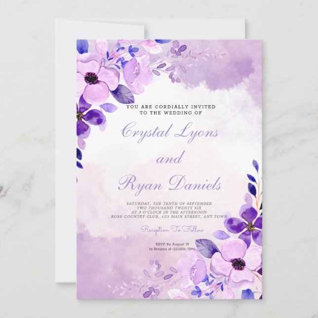 Convite Casamento Floral com Lavanda Roxo Moderno (Frente)