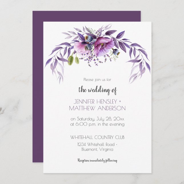 Convite Casamento Floral com Lavanda Violeta Roxa | (Frente/Verso)