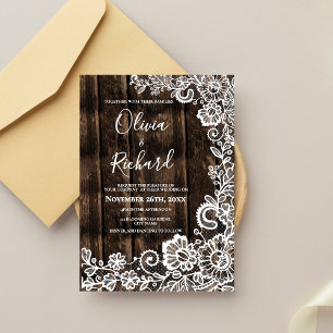 Convite Casamento Floral com Madeira Rústica e Renda Branc