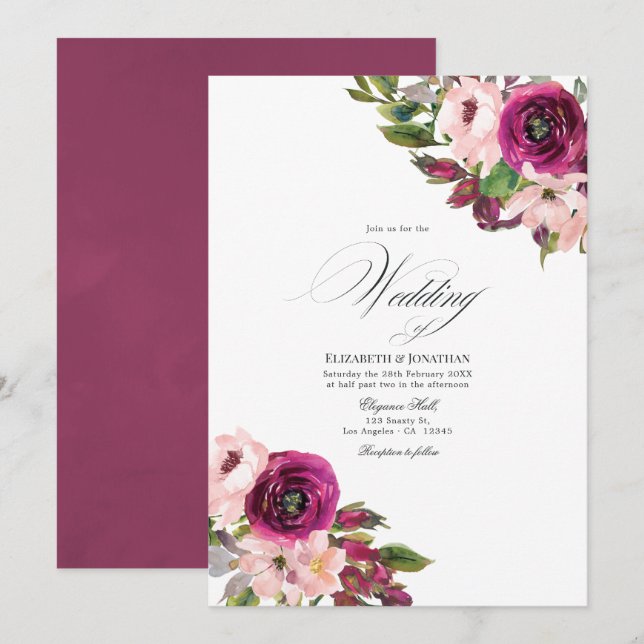 Convite Casamento Floral com Marsala e Beijo de Noiva em A (Frente/Verso)