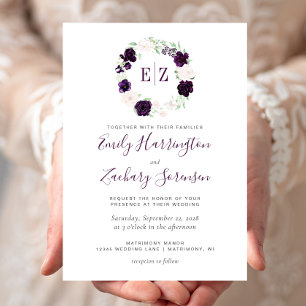 Convite Casamento Floral com Monograma Roxo