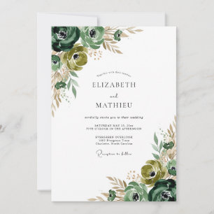 Convite Casamento Floral com Pincelada Verde Floresta