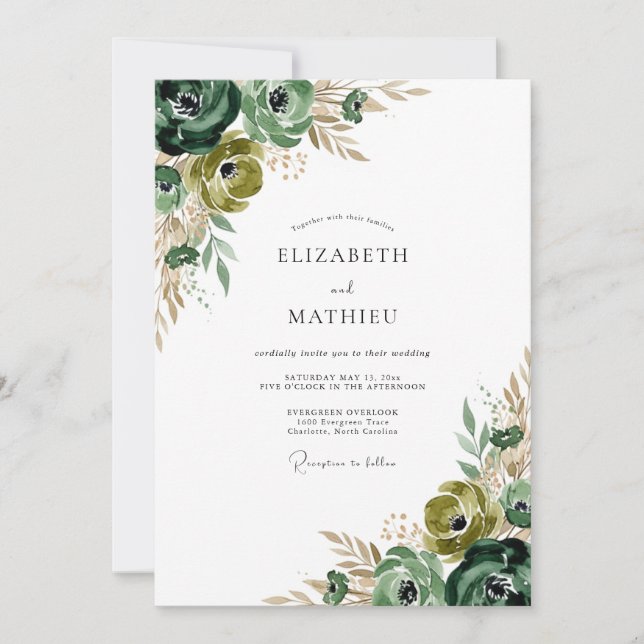 Convite Casamento Floral com Pincelada Verde Floresta (Frente)