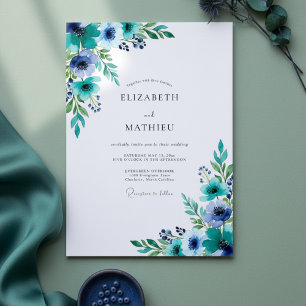 Convite Casamento Floral com Pinceladas de Azul Turquesa R