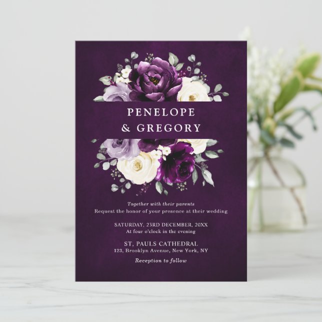 Convite Casamento Floral Com Plum Púrpura De Marinha Branc (Em pé/Frente)