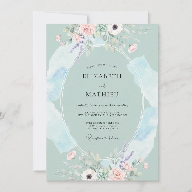Convite Casamento Floral com Redemoinho de Hortelã (Frente)