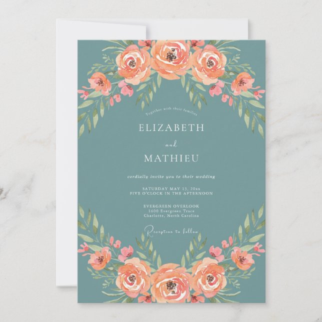 Convite Casamento Floral com Rosa Verde-água (Frente)