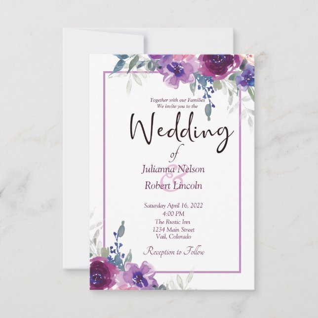 Convite Casamento floral com roxo de aquarelas e mauve inv (Frente)