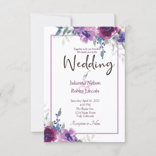 Convite Casamento floral com roxo de aquarelas e mauve inv