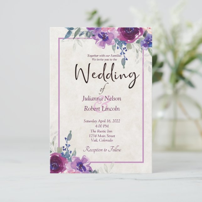 Convite Casamento floral com roxo de aquarelas e mauve inv (Em pé/Frente)