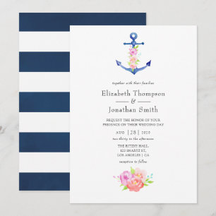 Convite Casamento Floral com Tema Náutico em Aquarela