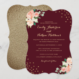 Convite Casamento Floral Confete Dourado Pêssego Borgonha