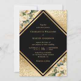 Convite Casamento Floral Confetti, Dourado Negro,