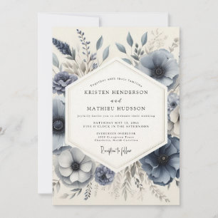 Convite Casamento Floral Congelado em Azul Ardósia