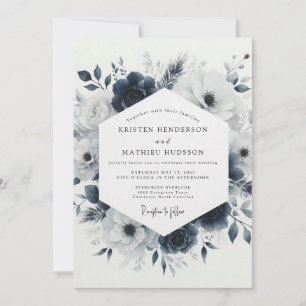 Convite Casamento Floral Congelante Azul Ardósia