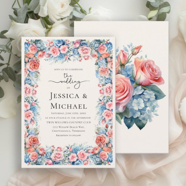 Convite Casamento Floral Cor Azul-Rosa Romântico (Elegant pink and blue floral wedding invitation)