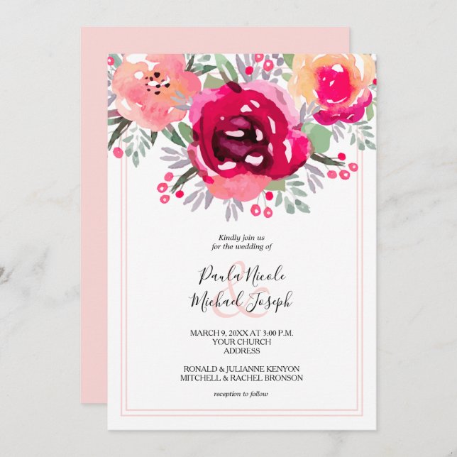 Convite Casamento Floral Cor-de-Água Rosa (Frente/Verso)