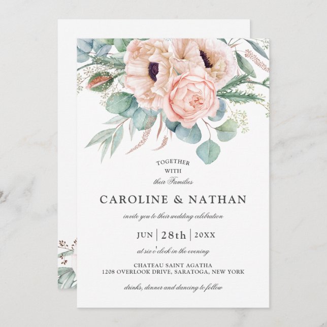 Convite Casamento Floral Cor de Água Rosa e Beige (Frente/Verso)