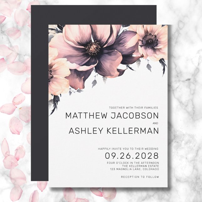 Convite Casamento Floral Cor de Água Rosa-Rosa-Chic Elegan (Chic Elegant Pink Black White Floral Wedding Invitation)
