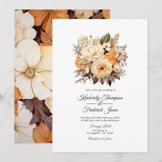 Convite Casamento Floral Cor de Champanhe (Frente/Verso)
