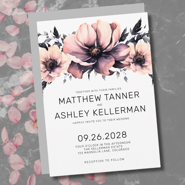 Convite Casamento Floral Cor-de-Lobra Rosa-Esmagada (Watercolor Blush Pink Flowers Boho Floral Wedding Invitation)