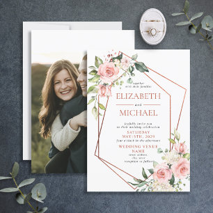 Convite Casamento Floral Cor-de-Pobra Rosa Geométrica de 