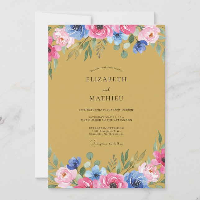 Convite Casamento Floral Cor-de-Rosa Azul (Frente)