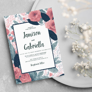 Convite Casamento floral cor-de-rosa azul-marinho