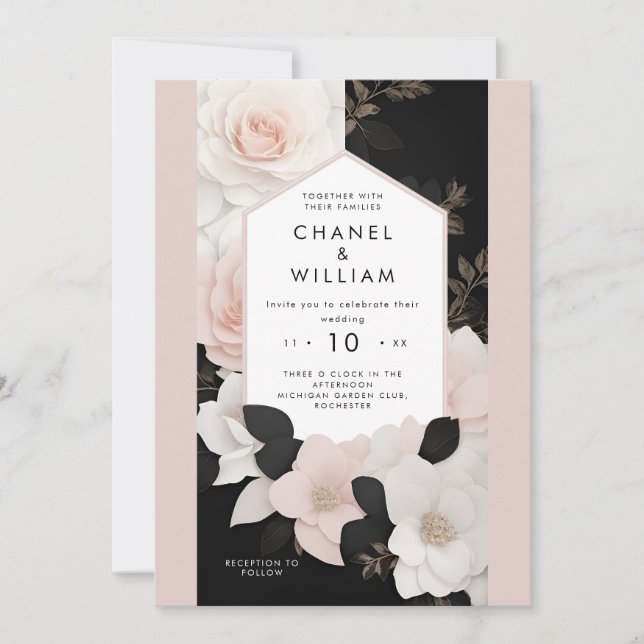 Convite Casamento floral cor-de-rosa com inspiração Chanel (Frente)