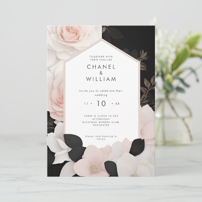 Convite Casamento floral cor-de-rosa com inspiração Chanel (Em pé/Frente)