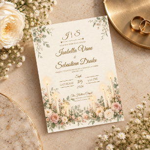 Convite Casamento Floral Cor-de-Rosa com Velas Elegantes