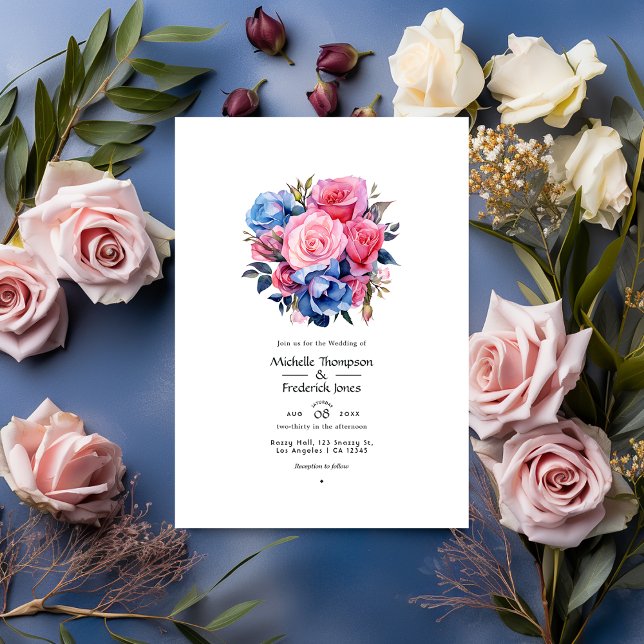 Convite Casamento Floral Cor-de-Rosa e Azul (Criador carregado)