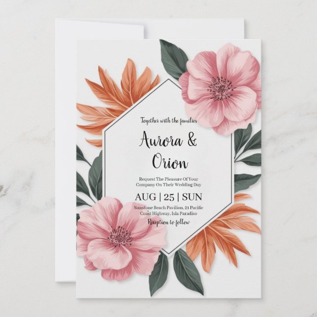 Convite casamento floral cor-de-rosa e laranja (Frente)