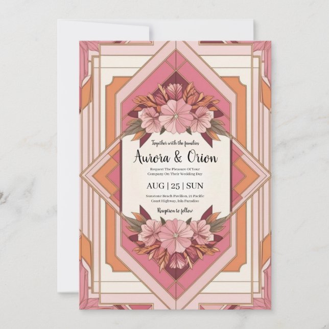 Convite casamento floral cor-de-rosa e laranja (Frente)