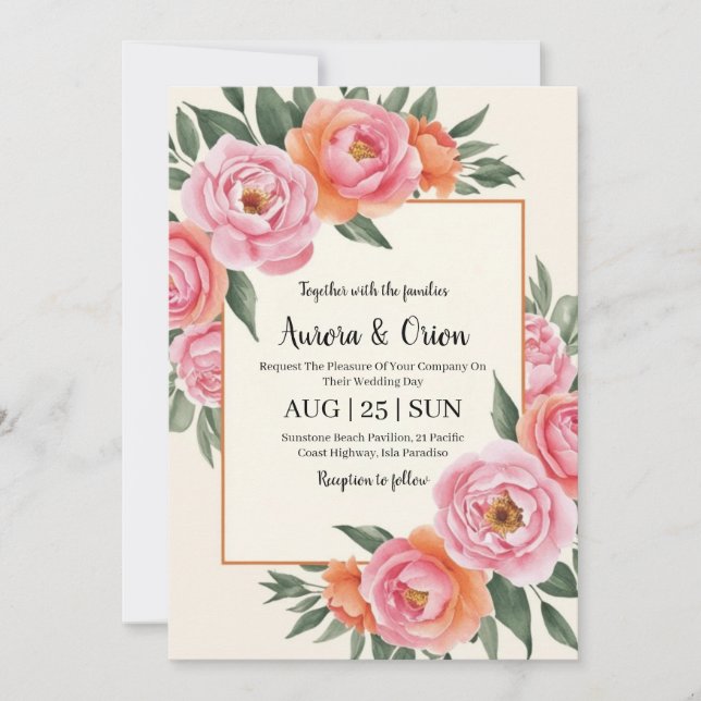 Convite casamento floral cor-de-rosa e laranja (Frente)