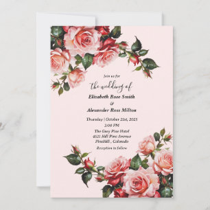 Convite Casamento floral, cor-de-rosa elegante e rosas ver