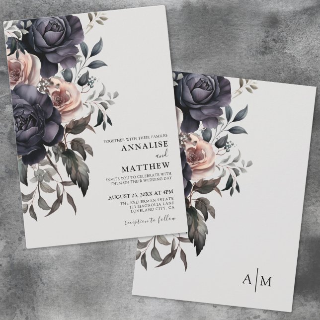Convite Casamento Floral Cor-de-Rosa-Esbranquiçada (Dark Gothic Fall Floral Wedding Invitation)