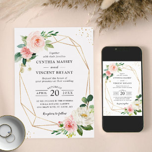 Convite Casamento Floral Cor-de-Rosa Espelho Geométrico
